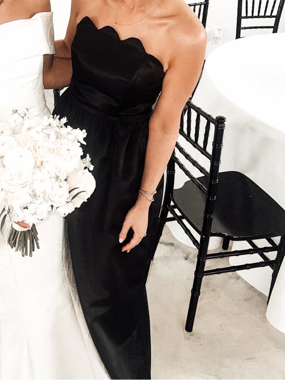 Strapless Scalloped Black Satin Bridesmaid Dress